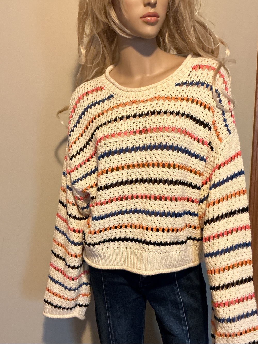 MOTHER Cream Crochet Crew Sweater with Blue and Orange Trim - Picture 7 of 9
